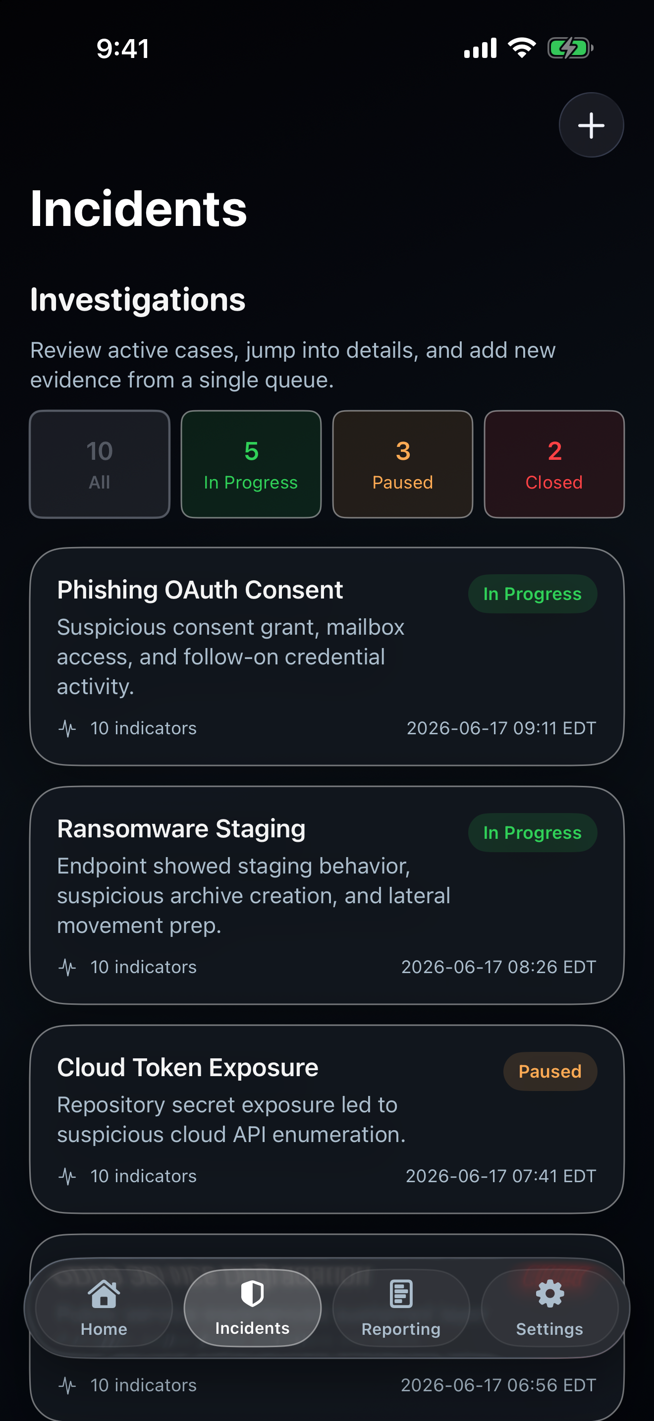 iPhone incident queue showing status and evidence counts for fictional cases