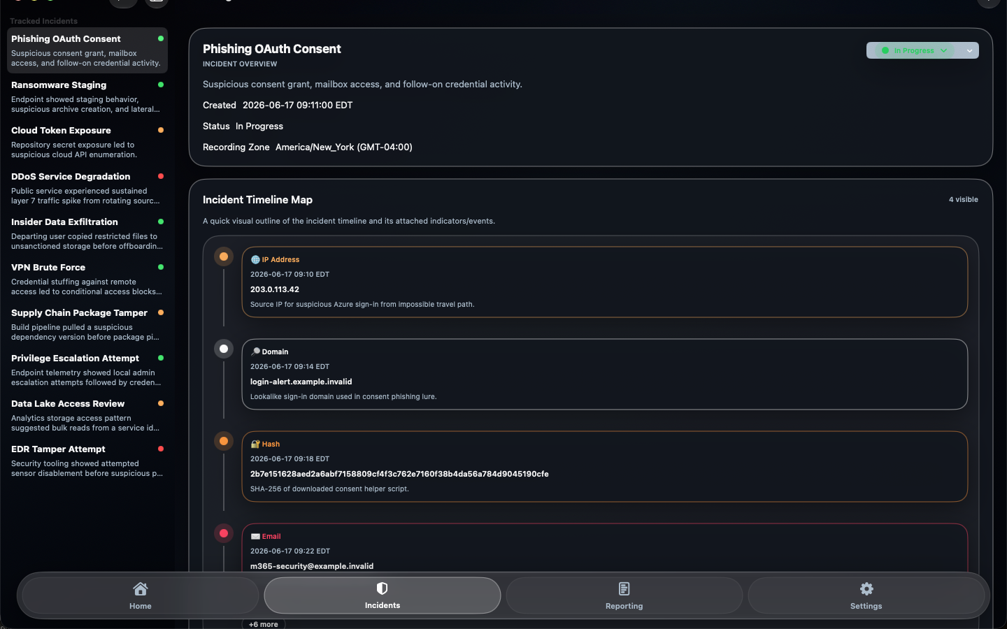 Mac incident workspace with case list and detailed timeline map