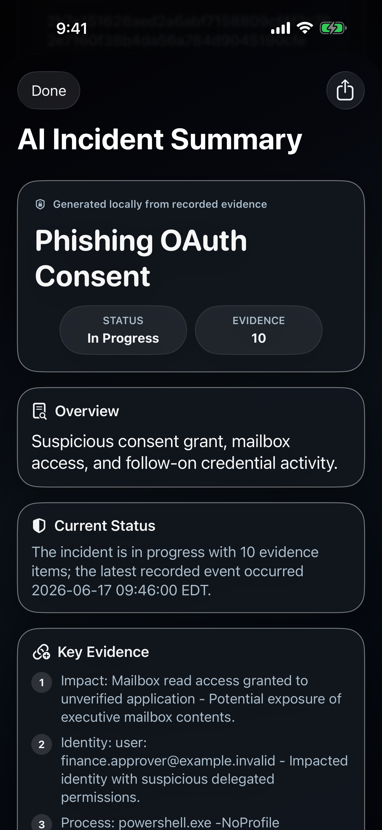 iPhone incident briefing with status, evidence, impact, and next action